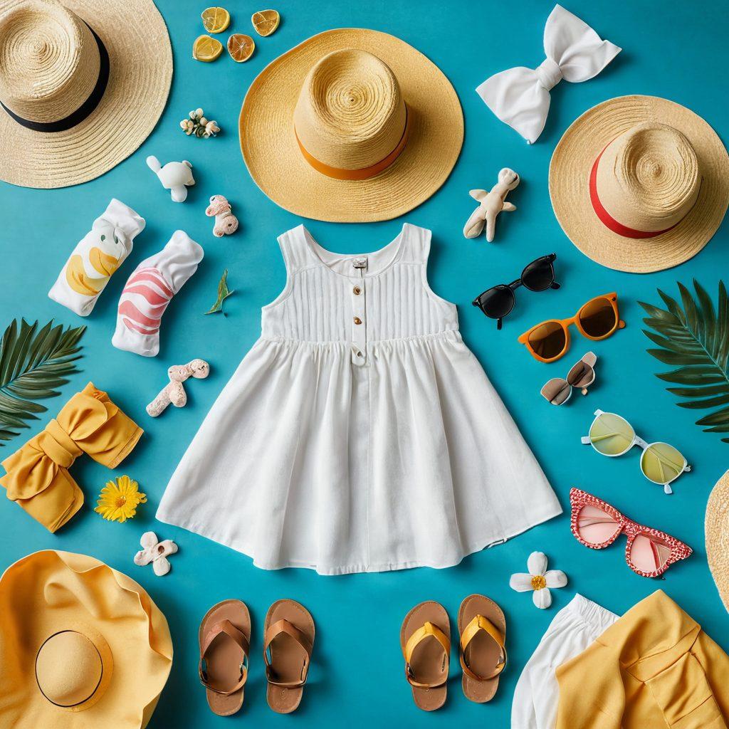 A whimsical flat lay featuring an array of affordable baby essentials like soft toys, diapers, and clothing alongside stylish summer fashion items such as sun hats, colorful sandals, and light dresses. The background should be a sunlit park scene, invoking a playful and carefree summer vibe. Incorporate bright colors to enhance the cheerful atmosphere. super-realistic. vibrant colors. natural light.