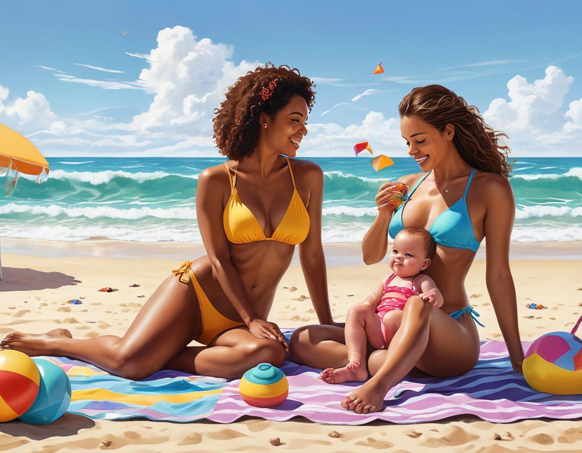 A serene scene of a new mother blissfully enjoying time at the beach with her baby, surrounded by colorful beach toys and a stylish, modern bikini. Include a backdrop of gentle waves, sunny skies, and scattered free baby giveaways like cute baby clothes and accessories on a beach towel. This illustration should evoke happiness and relaxation, capturing the essence of motherhood and summer vibes. vibrant colors. super-realistic.